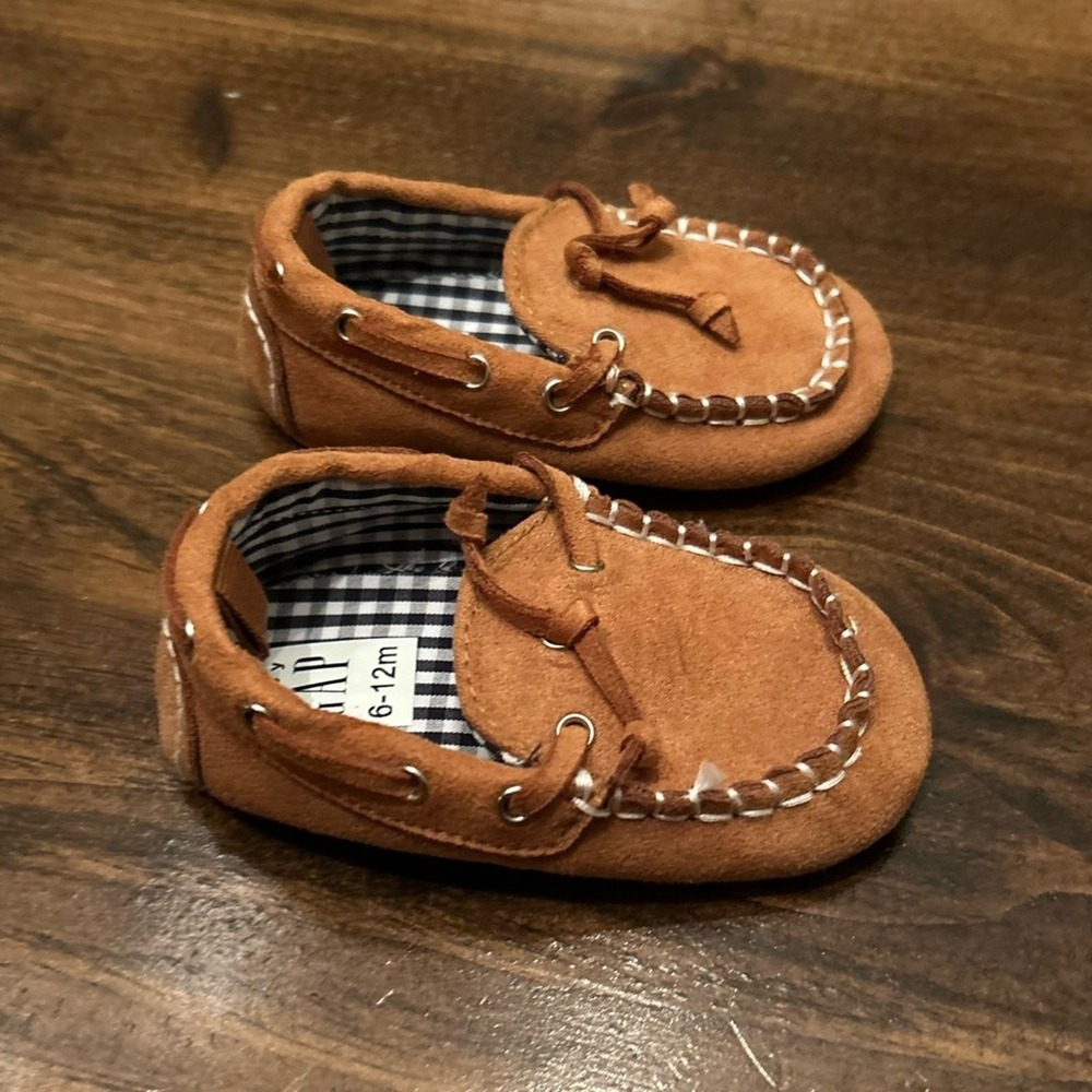 Baby Gap Moccasin Shoes Baby 6-12m Brown Excellent Faux Suede Gingham Preppy - Picture 5 of 7